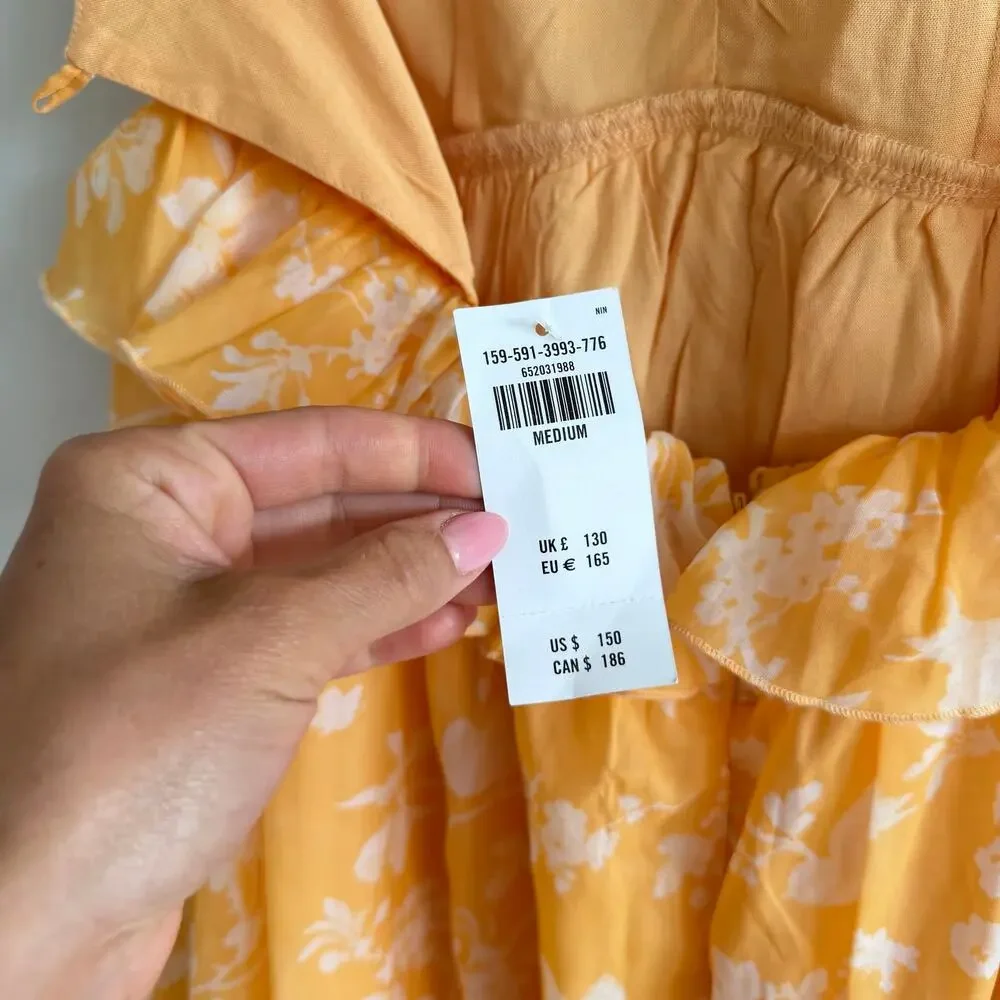 Abercrombie & Fitch Floral Ruffles Sleeveless V-Neck Maxi Dress Yellow M NWT